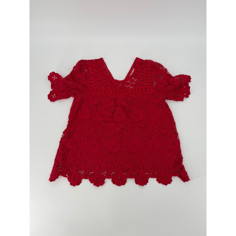 Vanessa Virginia Anthropologie Red Floral Lace Scalloped‎ V-Neck Short Sleeve 4